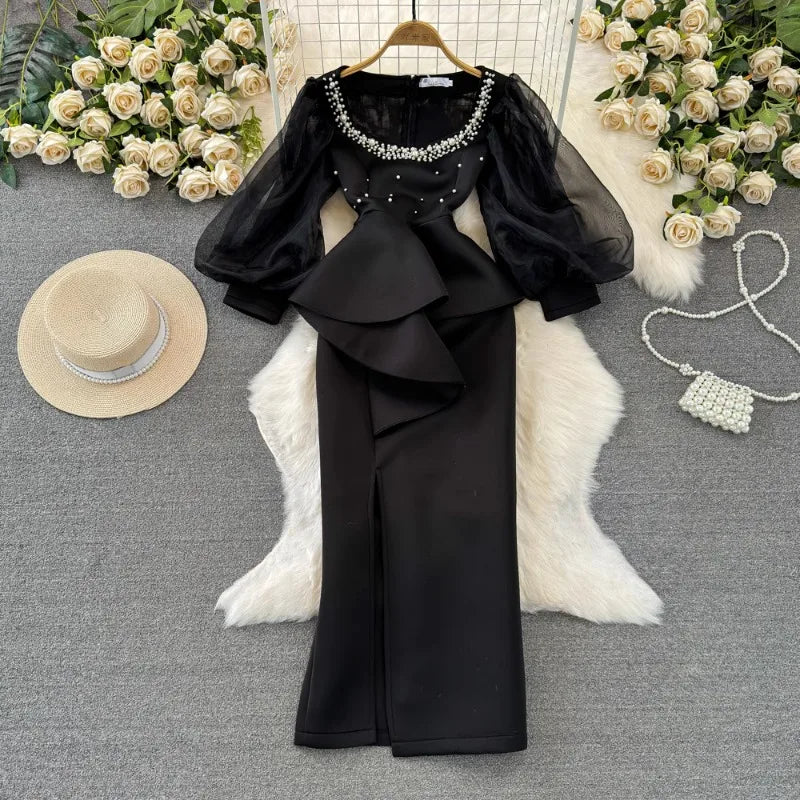 Temperament Robe Femme Party Dresses for Women Gauze Lantern Sleeve Square Collar Beading Split Dress 2025 Vestidos De Mujer