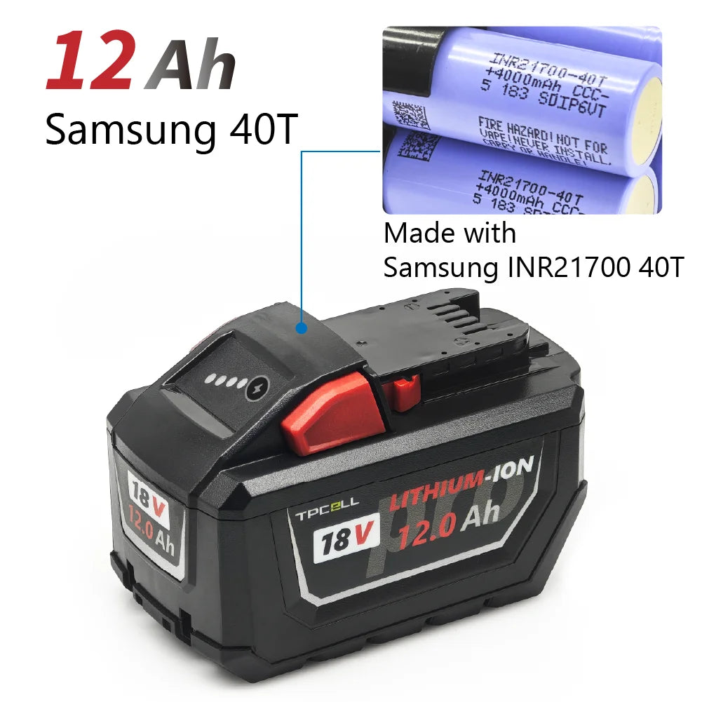 TPCELL 12AH/15AH For M.18 Tabless 21700 18V Professional Battery Li-ion Replacement High Output