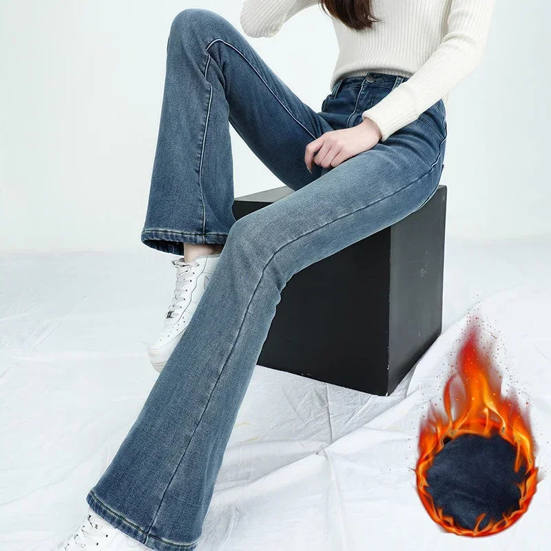 2024 Winter Fleece Women's Flare Pants Retro Slim High Waist Elastic Cotton Thick Warm Denim Pants Fashion Korean Female Clothes