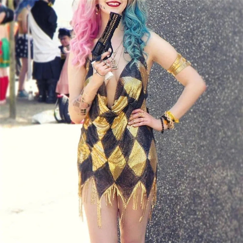 Women Diamond Argyle Sequin Slip Dress Spaghetti Strap V Neck Tassel Fringe Hem Bodycon Mini Dress Party Club Costume Dress