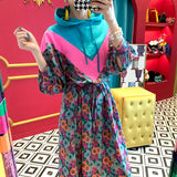 Chic Retro Floral Print Long Hoodie Dress Women's High Waist Belted Color Block Sweatshirt Style Dress City Commute Autumn
