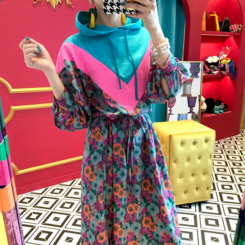 Chic Retro Floral Print Long Hoodie Dress Women's High Waist Belted Color Block Sweatshirt Style Dress City Commute Autumn