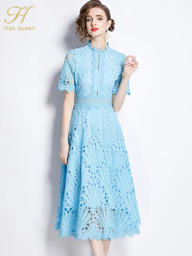 H Han Queen Spring New Elegant Casual Work Party Dresses Floral Crochet Hollow Out Lace Patchwork Casual Office Midi Dress