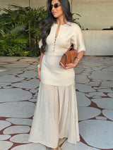 Crew Neck Short Sleeve Buttoned Paneled Midi Dress Fitted Bodice Flowing 2026 Spring Women Knit Skirt Fashion Elegant Lady Gown