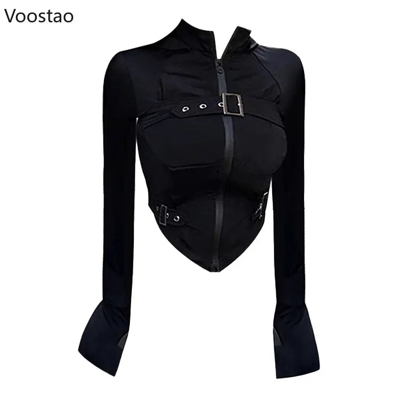 Y2k Aesthetic T-shirts Women Streetwear Harajuku Metal Buckle Black Punk Clothes Tops Gothic Female Sexy Chic irregular Tees