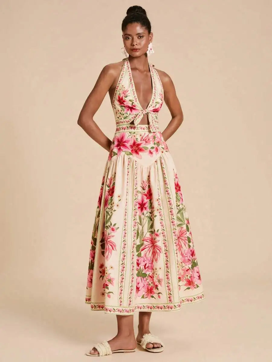 Elegant Floral Print Vacation Halter Backless Sexy Dress,Dresses For Women Summer