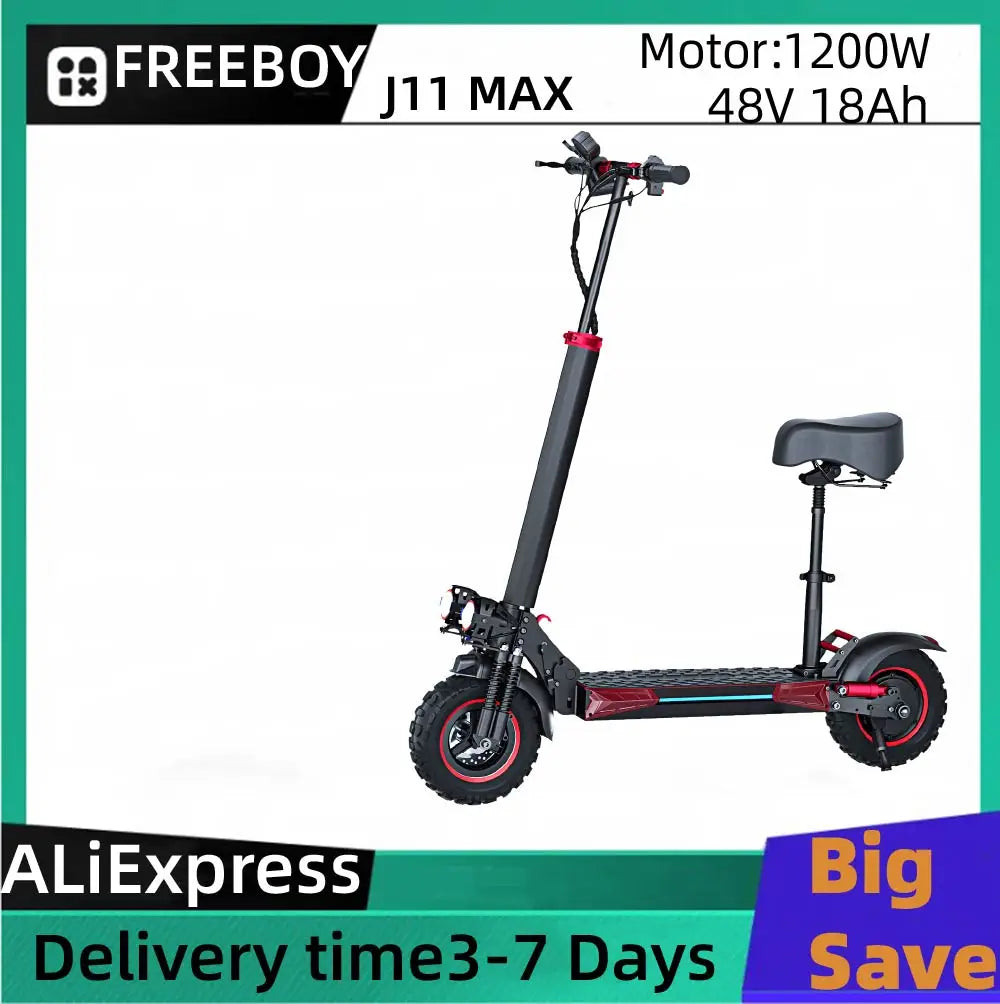 FREEBOY J11 MAX Adult Electric Scooter 1200W Motor 48V 18Ah Battery Folding E-Scooter 11 Inch Fat Tire E-Mountain Scooter