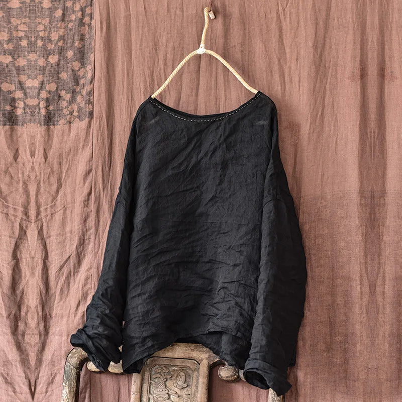 Women 100% Lightweight Ramie Tee Shirt Vintage O Neck 2025 Spring Summer Long Sleeve Casual Women Solid Oversized Basic T-Shirts