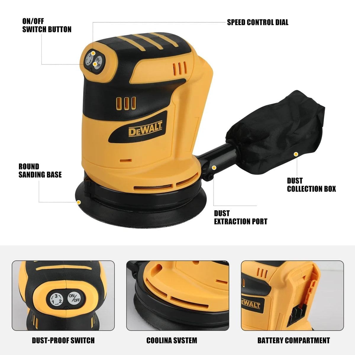 DEWATE sander Lithium Ion 20V/18V Cordless Rechargeable Disc Random Orbital Sander Woodworking Sanding Putty Polishing Bare Tool