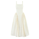 YENKYE Lace Up Bandage Plaid Sling Dress Women Elegant Square Neck Low Waist A-line Midi Summer Dresses Holiday Party Robe 2025