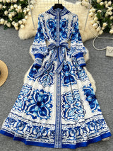 Retro Faion Print Stand Collar Single Button Women's Dr Waist Cinched Floor Length Skirt Korean Sle High Waist Long Sl...