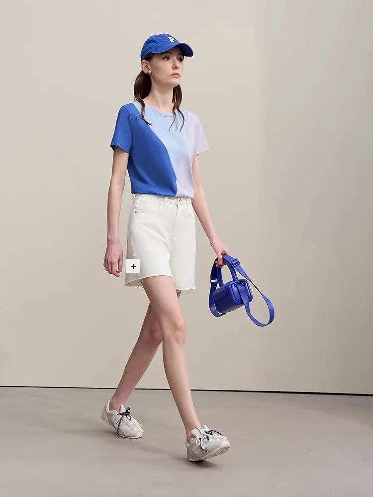 Amii O-Neck Women's T-Shirt 2026 Summer New Stretch Cotton Tee Color Block Versatile Casual Straight Short Sleeve Tops 12622177