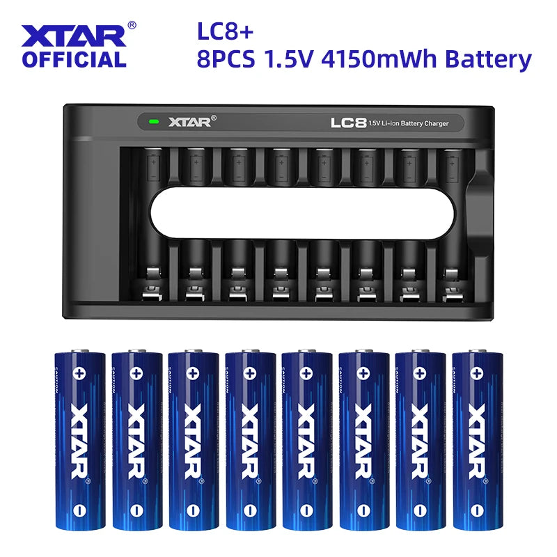 XTAR 8PCS AA 4150mWh 1.5V Li-Ion Rechargeable Battery+XTAR LC8 Smart 8 Bay Li-ion With IndicatorAA/AAA Battery Charger