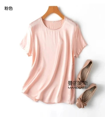 Benefits! Flowing Gem Series Basic Style Versatile Round Neck 100% Mulberry Silk Short Sleeve Silk Satin T-Shirt Top