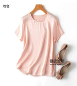 Benefits! Flowing Gem Series Basic Style Versatile Round Neck 100% Mulberry Silk Short Sleeve Silk Satin T-Shirt Top