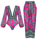 Flaxmaker Women Sexy Deep V Neck Long-sleeved Jungle Green Print One Piece Swimsuit And Skirt Summer Bathing Suit Monokini