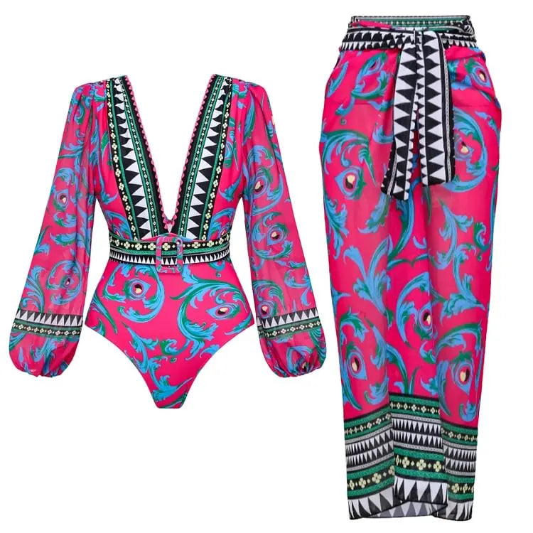 Flaxmaker Women Sexy Deep V Neck Long-sleeved Jungle Green Print One Piece Swimsuit And Skirt Summer Bathing Suit Monokini