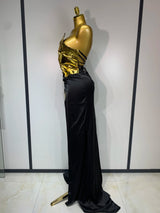 2025 New Arrival Women Gold Color Sexy Laced-up Tops 2 Pieces Set Long Dress Celebrate Evening Party Celebrity Elegant Dress