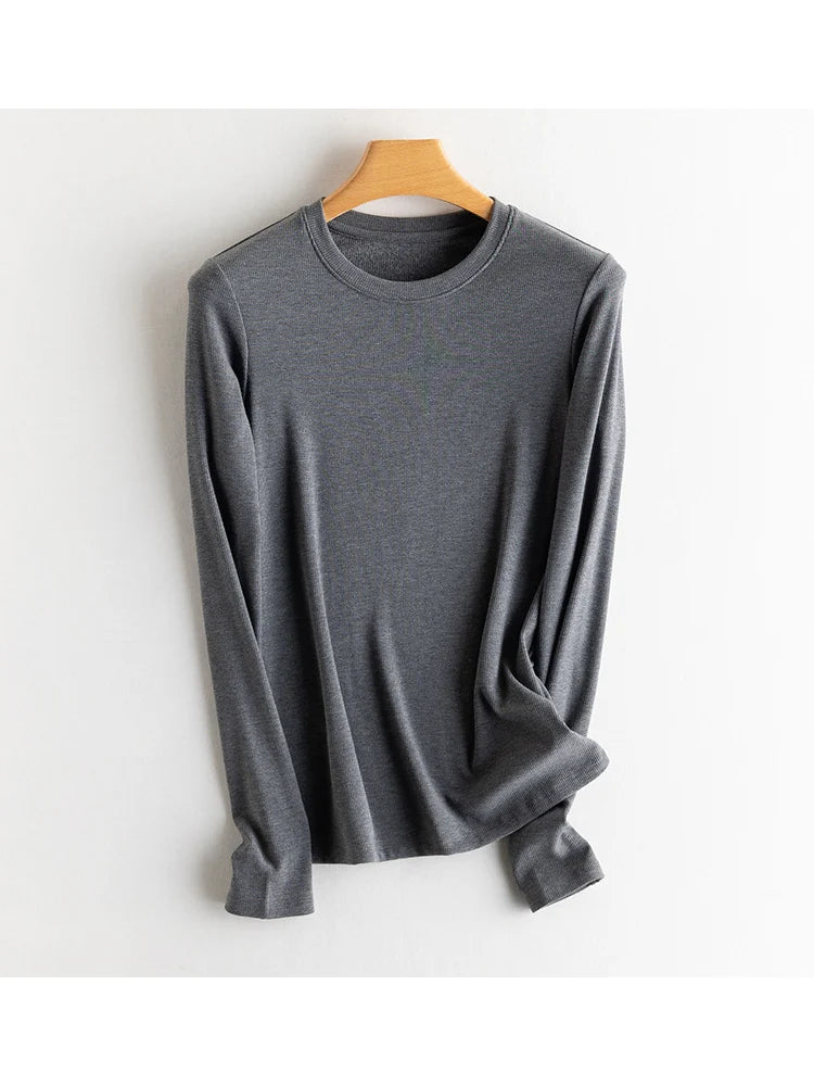 SuyaDream, Women Bottoming T Shirt, Silk Viscose Blend, Long Sleeves, Solid Basic Thermal Shirt, 2024 Autumn Winter Top