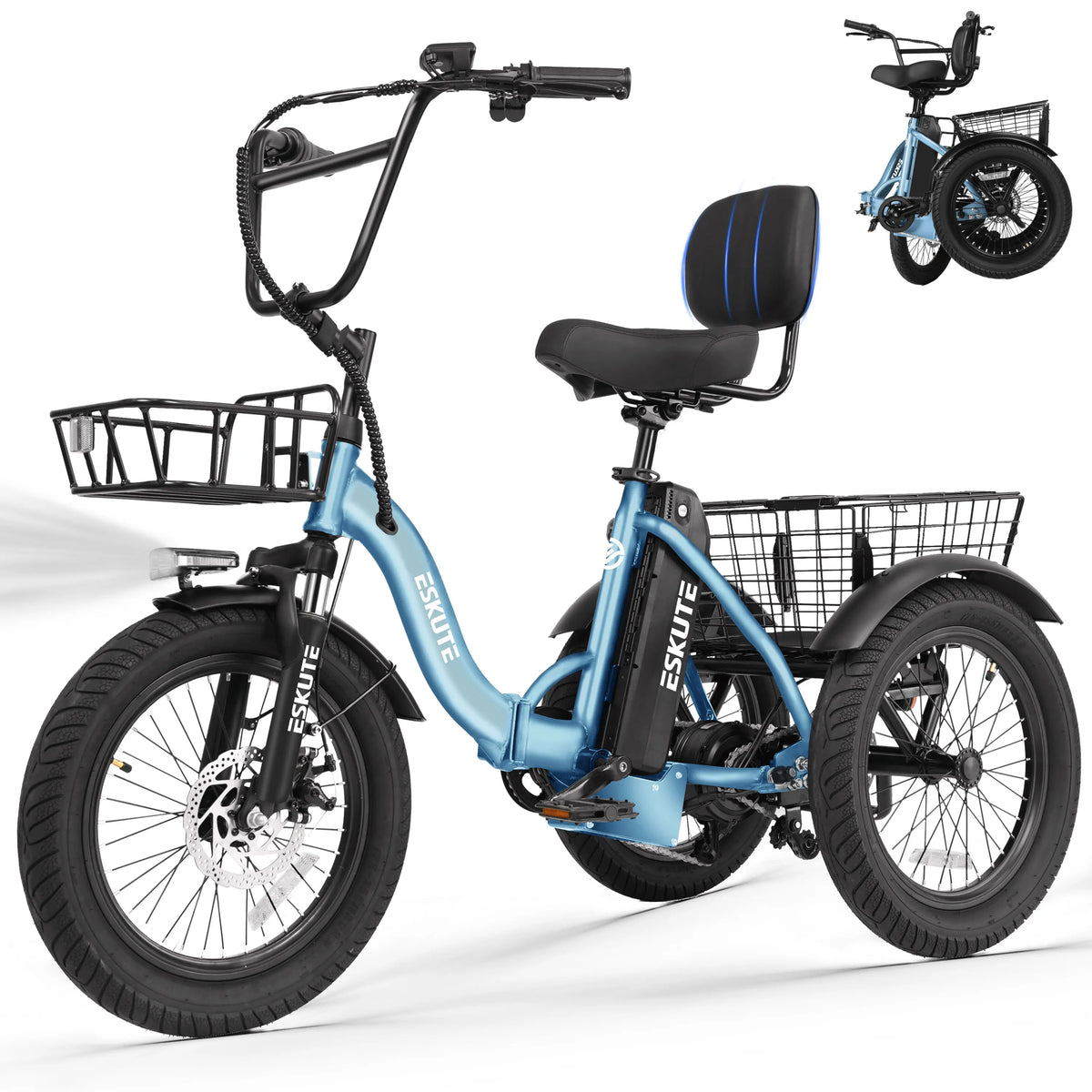 ESKUTE T300 Electric Bicycle Trike for Adults, 624Wh Battery, 1200W Motor eBIKE, 18"x3.0" Fat Tires, Foldable 3-Wheel E-Bike