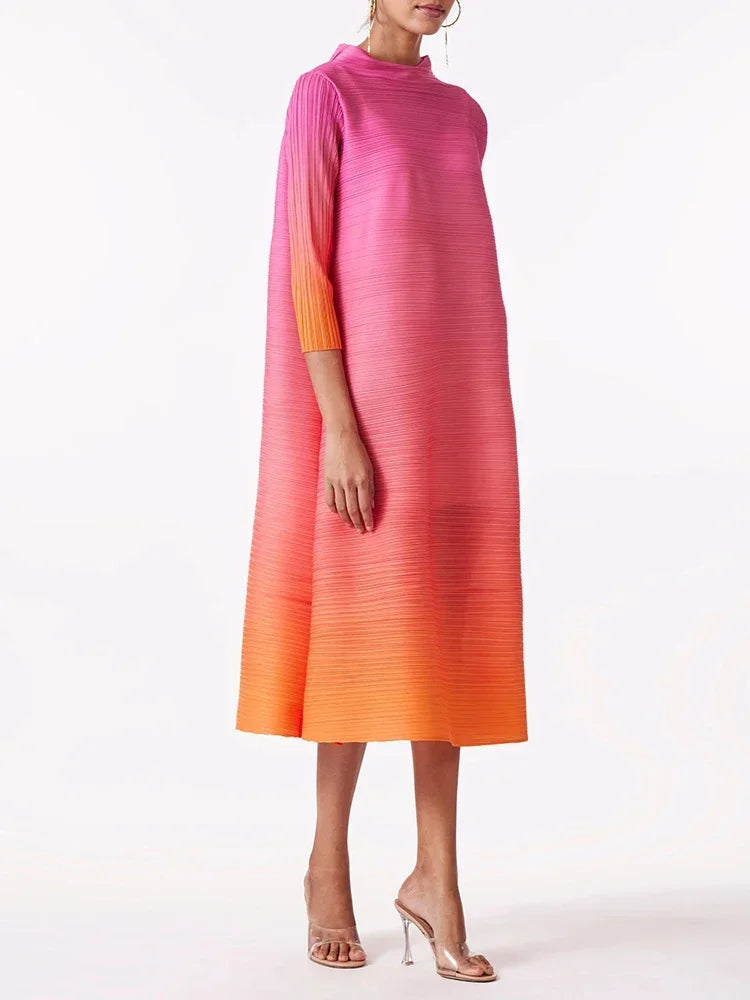 YUDX Miyake Elegant Gradient Pleated Dress Turtleneck Full Sleeves Pink Orange Fashion Mid-Calf Dresses For Women 2025 New