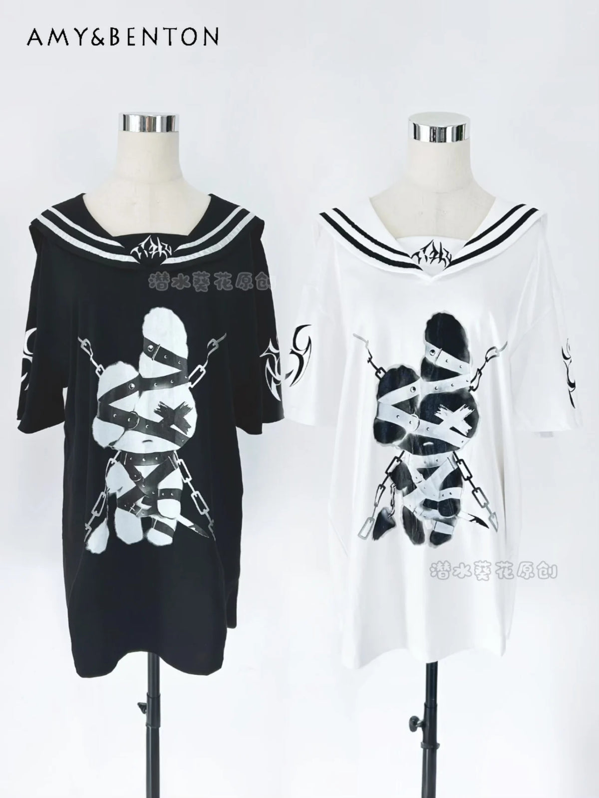 Subculture Navy Collar Goth Animation Printed Mine Series Short-sleeved T-shirt Summer Y2K Punk Style Oversized Japanese Top