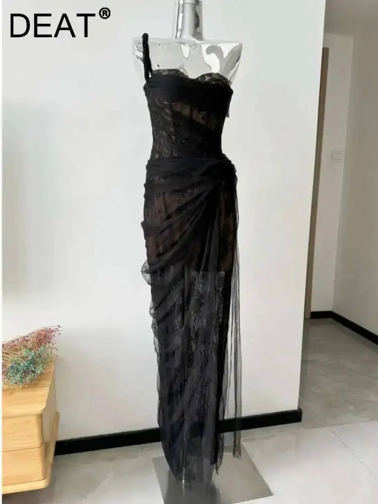 DEAT 2026 mesh dress for vacation,single straps high waist long vestido,pullover sheer fake two pieces party dresses