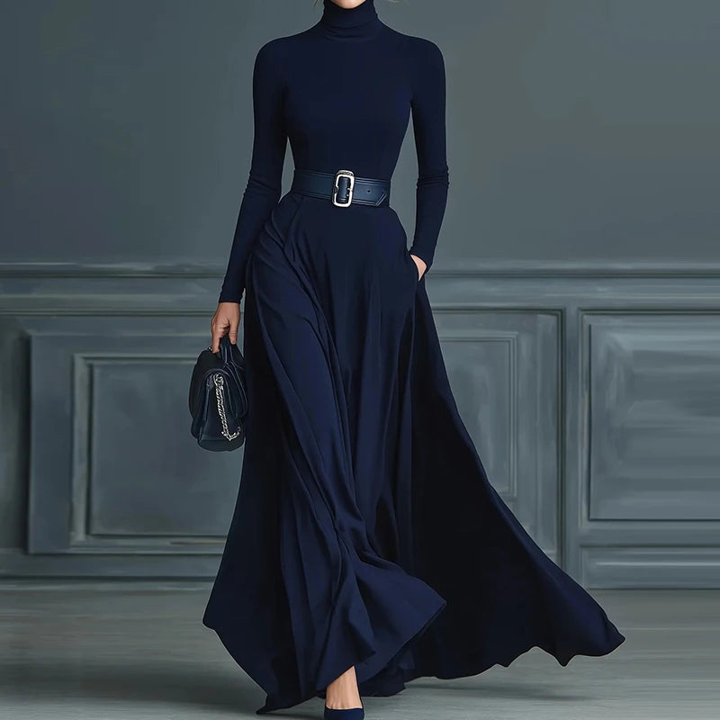 Long Sleeve Simple Holiday Party Dress Women Autumn Turtleneck Elegant Maxi Dress New Patchwork Slim Fit Ladies Dress Vestidos