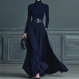 Long Sleeve Simple Holiday Party Dress Women Autumn Turtleneck Elegant Maxi Dress New Patchwork Slim Fit Ladies Dress Vestidos