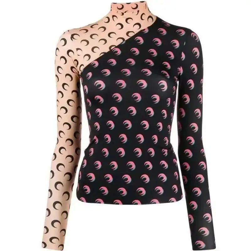 Women's Moon Print Long Sleeve Layered Splicing T-Shirt Uv Protection Slim Fit Casual Top for Daily Commute Streetwear