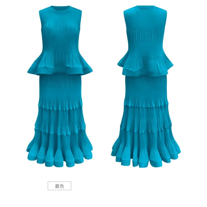 Pleated T-Shirt Top 2026 Summer New Ruffled Sleeveless Vest Simple Elegant Fashion Cake Skirt Elegant Women Travel Outfit