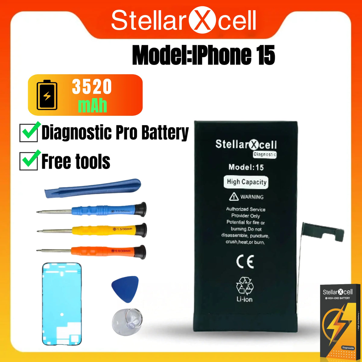 StellarXcell Diagnostic Battery No Unknown Parts No Pop Up Message for iPhone 12mini 13Pro Max 14Plus 15Pro Max With Free Tools