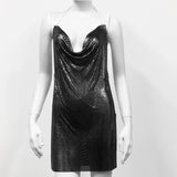 2024 Sexy Clubwear Backless Sequin Short Dress For Women Cocktail Metalic Split Mesh Harness Body Chain Club Low Cut Mini Dress
