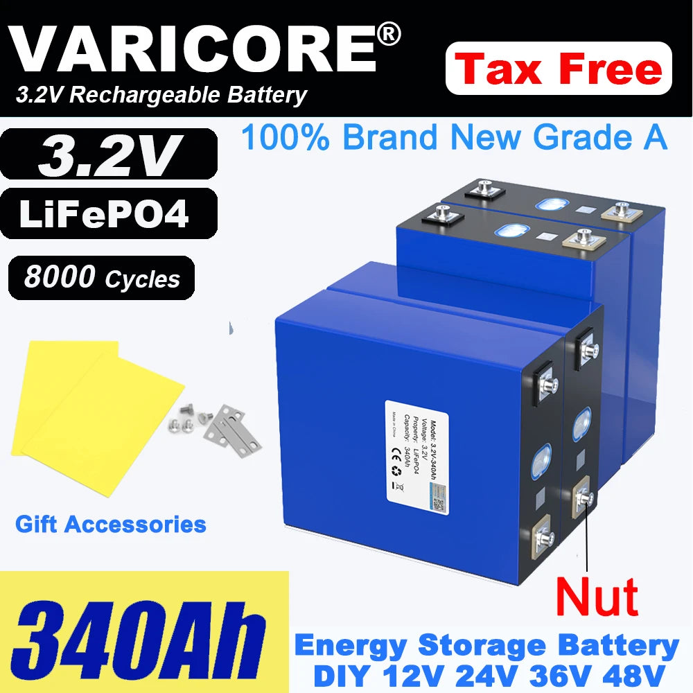 Grade A 3.2V 360AH 340Ah Battery LiFePO4 Lithium Iron Phospha for 12V 24V 4S E-scooter RV Solar Energy Storage System Duty-free