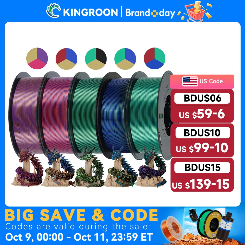 KINGROON 5KG Silk Tricolor PLA Filament 1.75mm, Three-colour Coextrusion 3D Printing Material, New Color Change, 5Roll 1kg/Spool