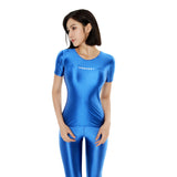 AMORESY Women Shiny Glossy Silky Short Sleeve Tights Tops Oil Round Neck Pullover Sports Running Stretch Fitness T-shirt Outdoor