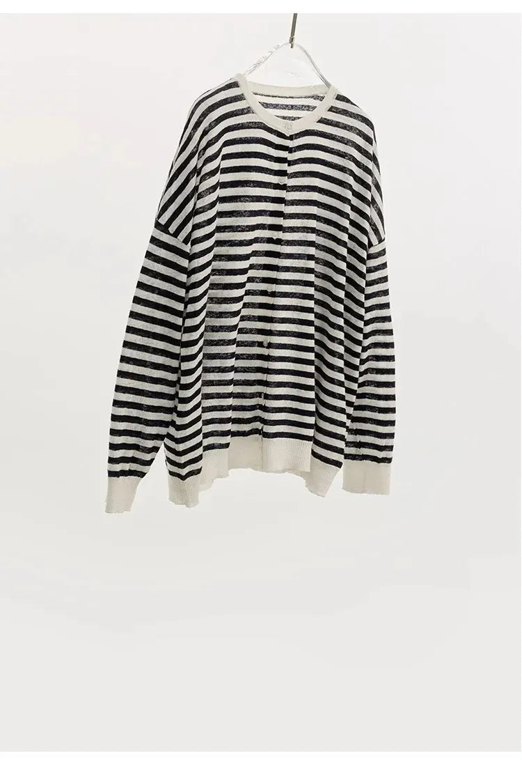 Cooling Fiber~ Cotton and Linen Striped T-Shirt, Women's Lightweight Long-Sleeve Knit Top, Loose Breathable Sun Protection Shirt, 2026 Spring/Summer New Style