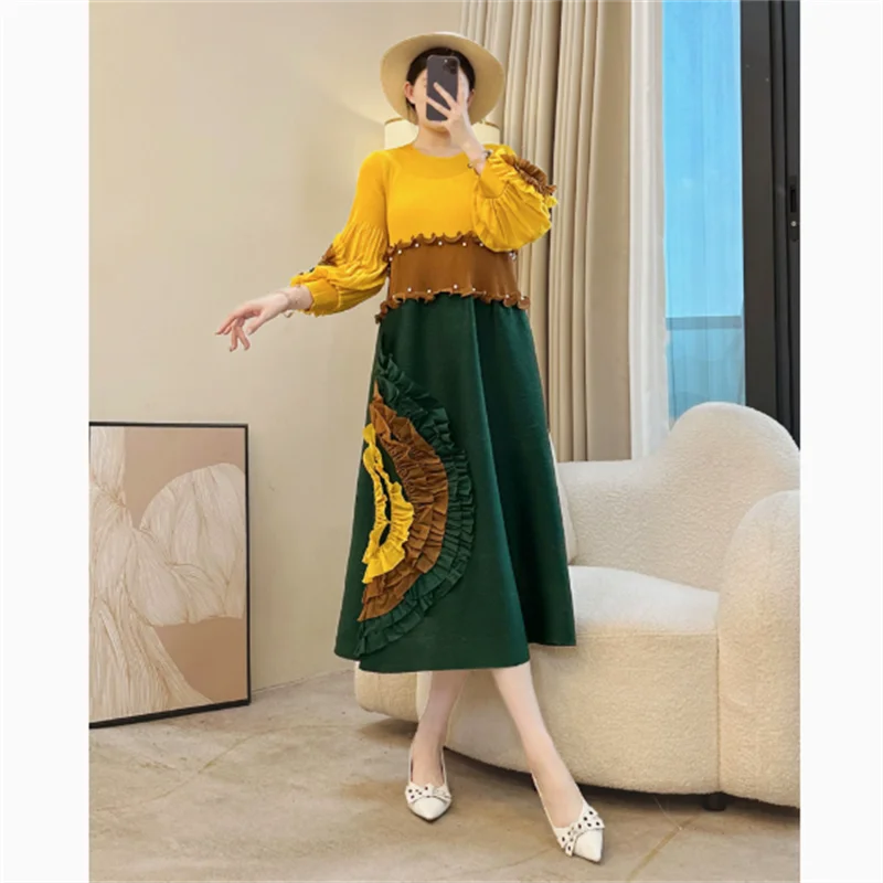 Miyake Tie Flower Design Women's Pleated Dress O-neck Long Sleeve Colorblock Patchwork Chic Beading Loose Famale Clothes