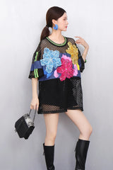 2025 Spring Summer New Fashion Women Mesh Flower Loose T-shirts Short Sleeve Top Female Wholesale J1187