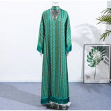 Women Solid Color Long Kaftan Dress Chic Vertical Stripe Print V Neck Fringe Cuff Hem Loose Robe Casual Daily Party Holiday Wear