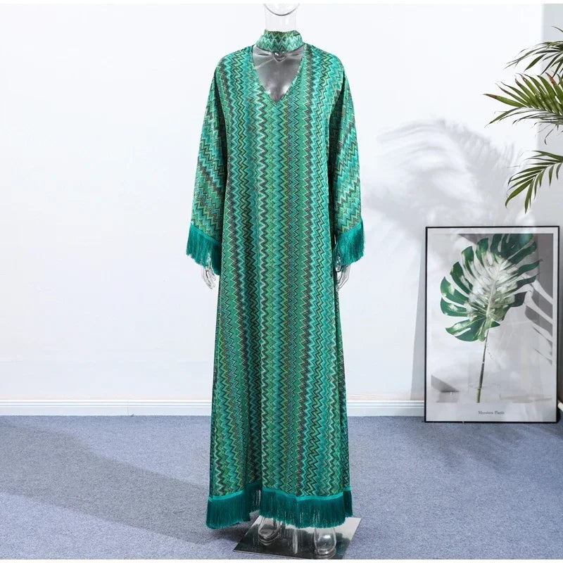 Women Solid Color Long Kaftan Dress Chic Vertical Stripe Print V Neck Fringe Cuff Hem Loose Robe Casual Daily Party Holiday Wear