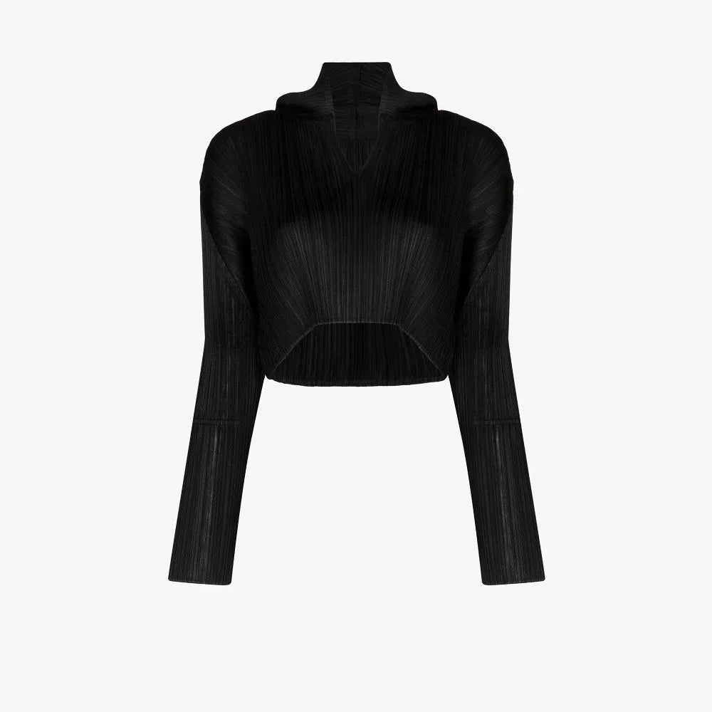 Miyake Women's Pleated Long Sleeve Hoodie Black Short Cropped Top Casual Streetwear