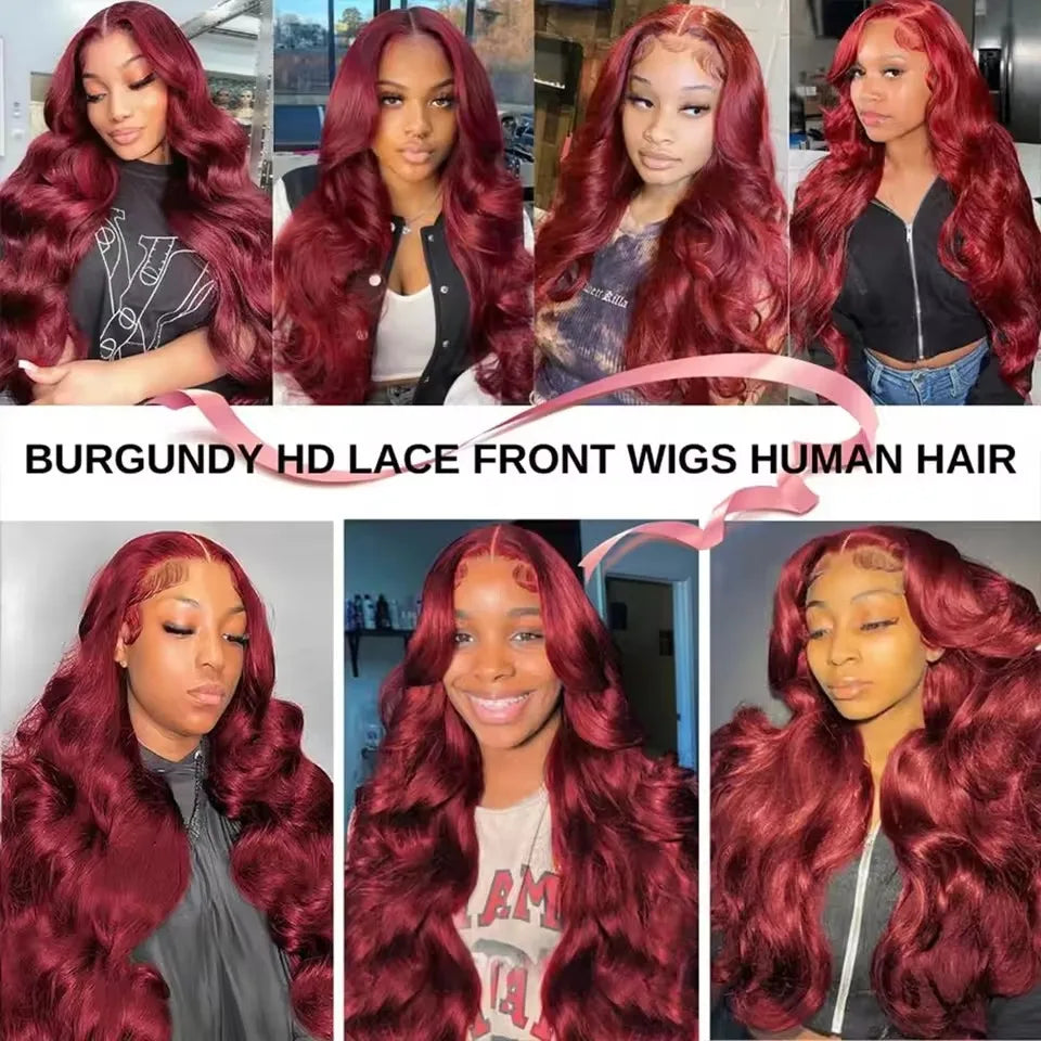 99j Burgundy 13x6 HD Lace Frontal Human Hair Wig 200 Density Body Wave 13x4 Lace Front Wigs Brazilian 100% Human Hair Wigs
