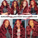 99j Burgundy 13x6 HD Lace Frontal Human Hair Wig 200 Density Body Wave 13x4 Lace Front Wigs Brazilian 100% Human Hair Wigs