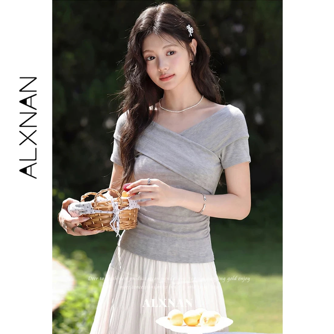 ALXNAN Black T-shirts 2026 Summer Cross V-neck Knit Short Sleeve T-shirt Women Elegant Casual Fashion Female Clothing L62865A