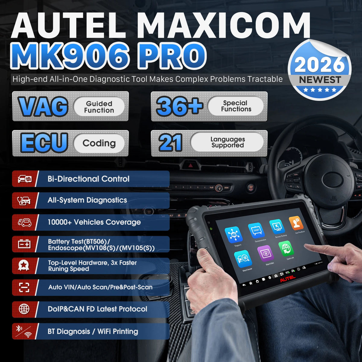 Autel MaxiCOM MK906S PRO Diagnostic Tool Bluetooth Scanner Automotivo ECU Coding MK906 PRO Automotive Tools PK MS906BT MK906 PRO