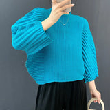 LANMREM Handmade Pleated Stand Collar Pullover Women's T-shirt 2025 Autumn Batwing Three Quarter Sleeve Loose Top New 2DB5251