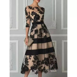 Women Elegant Mesh Midi Formal Dress, Off‑Shoulder 3/4 Sleeve Flocked Floral Stripe Waist‑Cinching Party Dress 2026 European Ame