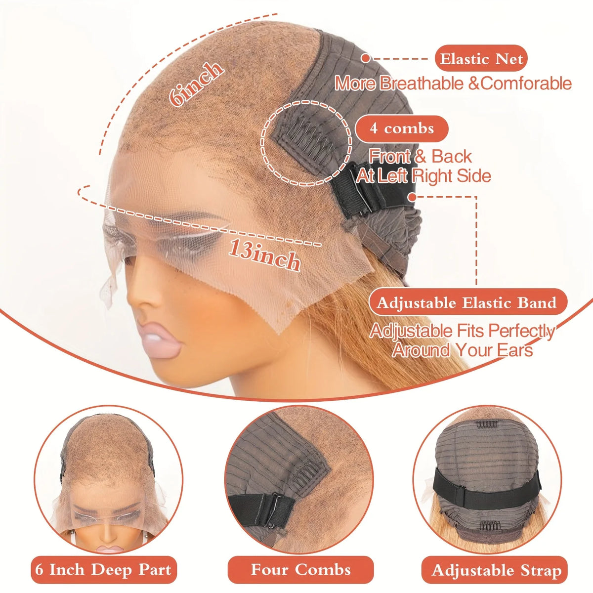 Bone Straight Honey Blonde Human Hair Wigs #27 13x6 HD Transparent Lace Front Wigs For Women Pre Plucked 200% Density 30 Inch