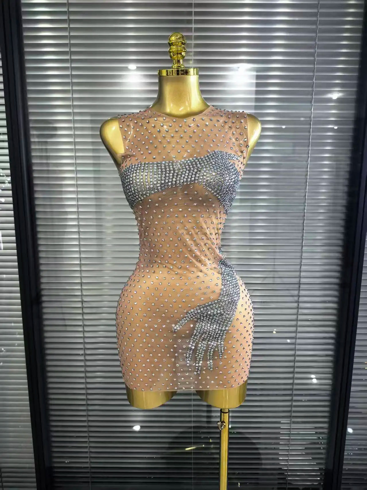Khaki Black Women Sleeveless Sexy O-Neck Mesh See Through Bodycon Mini Dress Shining Rhinestones Celebrate Nightclub Party Wear